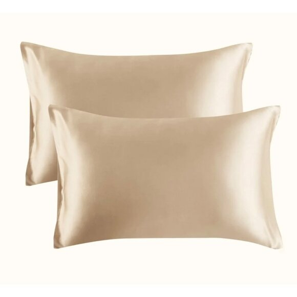Luxury Satin Pillowcase Set Of 2 Queen Size Beige Silky Smooth Zipper‎ Closure - Picture 1 of 5
